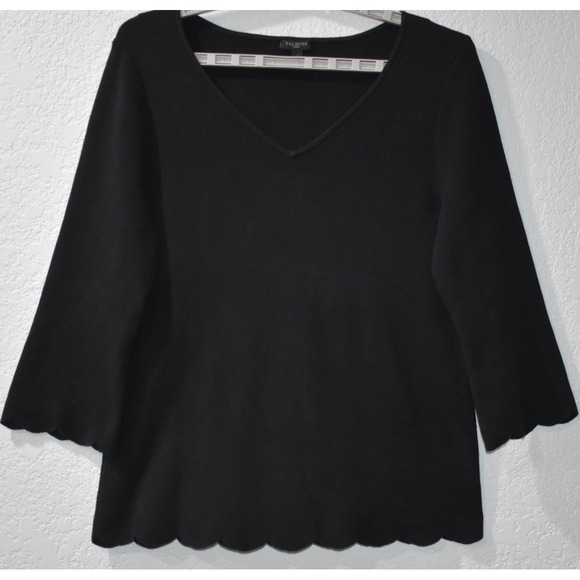 Talbots Sweaters - Talbots X Sweater Scallop Trim Solid Stretch VNeck Ribbed Elegant Black Pullover